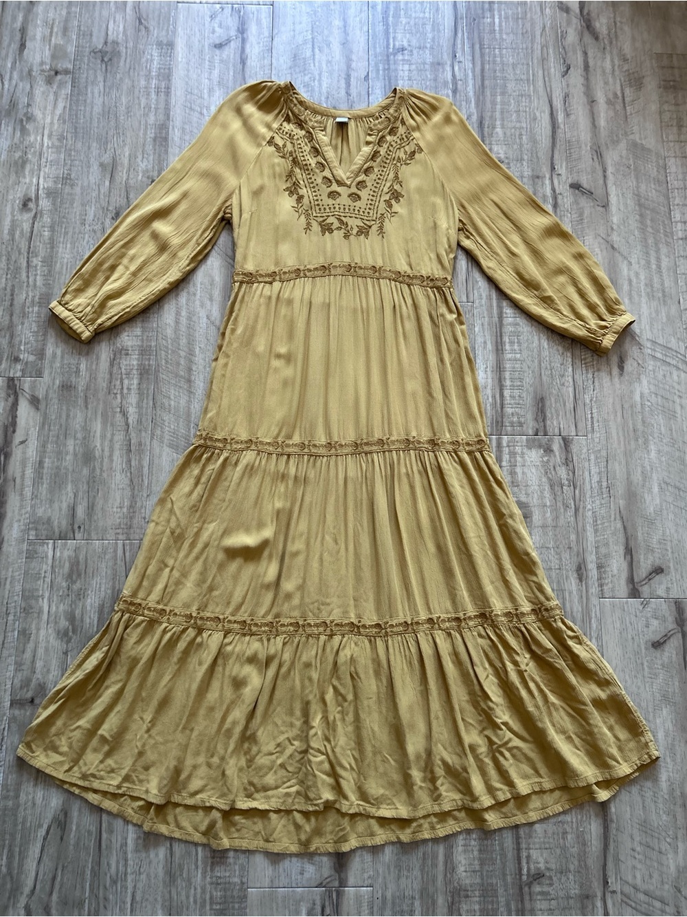 Boho prairie Mustard gold Embroidered Tiered Maxi Dress bohemian summer modest